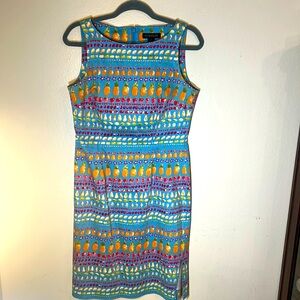 Harold’s Colorful Fruit Print Cotton Stretch Sheath Turquoise Dress Size 6 🍍 🍐 🍊